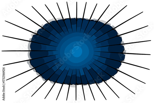 Blue radial gradient with black lines. Vector cartoon illustration of an explosion, burst or flash. Abstract sunburst background for focus, speed and impact. Comic book style.