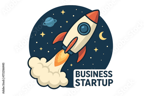 Business startup launch concept with cartoon rocket flying in space. Metaphor for a new project, mission success, development, growth, innovation, and exploration. Vector.