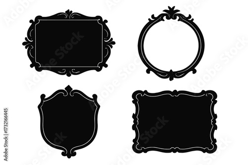 Ornate vintage decorative frames set, elegant black silhouettes for text borders, classic ornamental design elements, vector illustration with various shapes