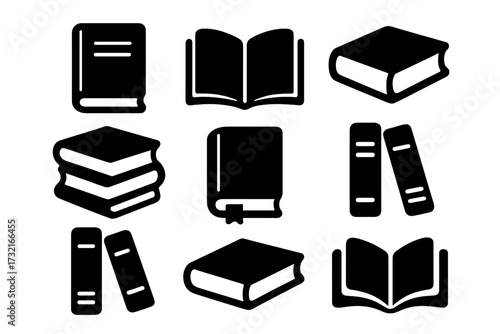 Book icon collection. Simple black silhouette vector pictogram set for education, knowledge, and study. Library, learning, and reading concept. Open and closed books.