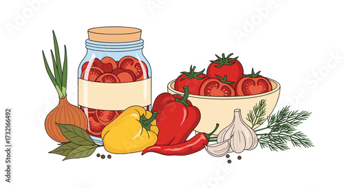 Fresh garden vegetables and preserved tomatoes in a jar for healthy eating.