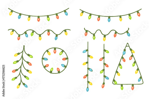 Christmas lights string garland elements set. Realistic cartoon vector illustration. Holiday decoration lightbulb collection. Xmas festive party lights on transparent background.