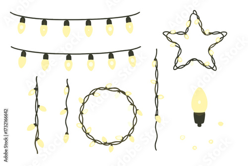 Christmas lights elements set. Realistic glowing garland decoration for the holidays. Vector string light bulbs. Festive star, wreath, and border shapes for design.
