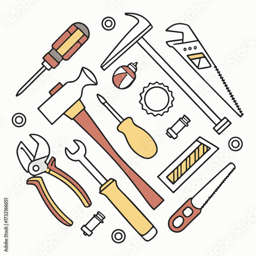 Flat vector illustration of essential handyman tools organized neatly for professional repair, construction, and workshop design