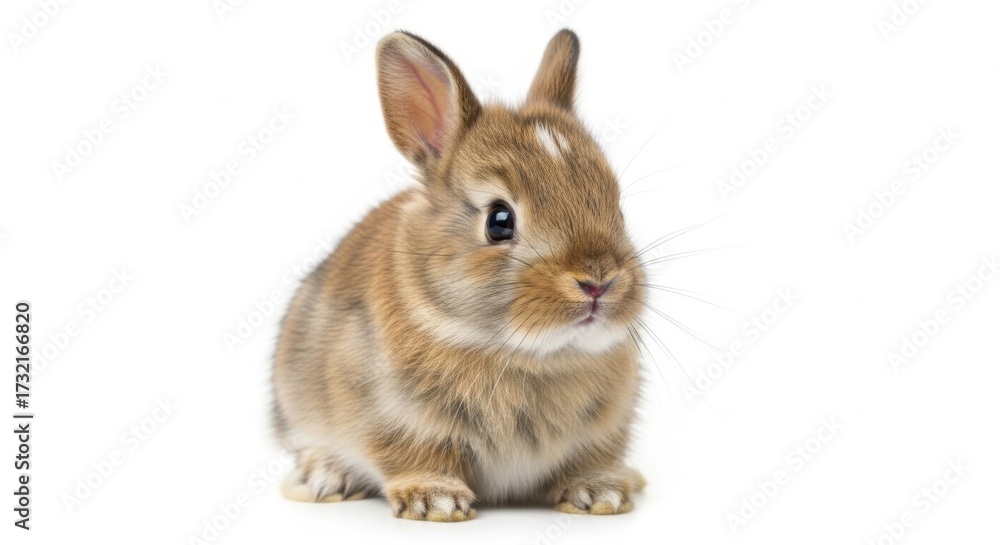 Fototapeta premium Cute Small Brown Bunny Rabbit Sitting on White Background with Soft Lighting