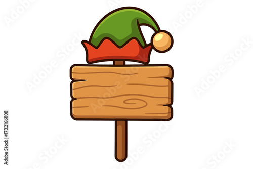 Christmas wooden sign with elf hat. Holiday decoration element. North Pole signboard. Xmas welcome banner for text. Cartoon vector illustration isolated on white background.