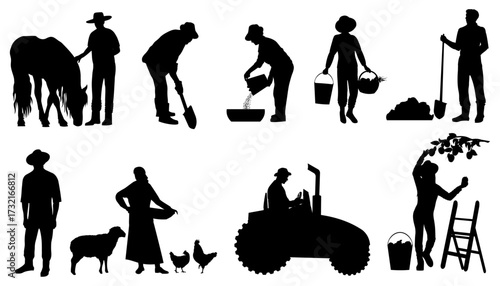 Farmers with tools. Profession silhouettes. Vector illustration	
