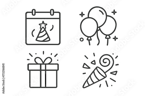 Party and celebration line icon set. Vector symbols for event planning. Birthday icons like calendar, date, gift box, balloons, and party popper. Minimalist outline design.