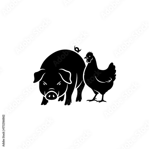 Black Silhouette Pig and Chicken Farm Animals Icon