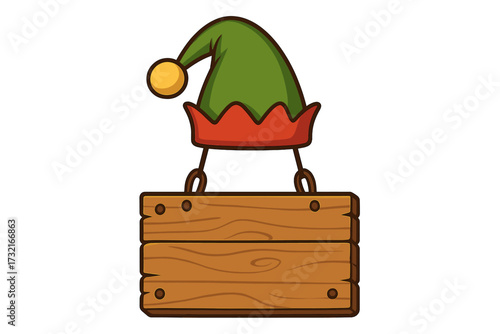 Elf hat on a hanging wooden sign for Christmas message. Blank rustic signboard for holiday text. Cartoon vector illustration. Xmas decoration element for winter greetings.