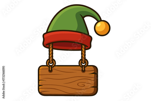 Elf hat with a hanging wooden sign. Blank Christmas decoration for holiday messages. Cartoon vector illustration with an empty signboard for text. Festive Xmas template.