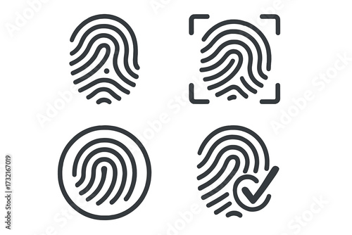 Fingerprint icon set for biometric identification, security access, and identity verification. Vector thumbprint scanner and digital authentication technology symbol for a unique ID.