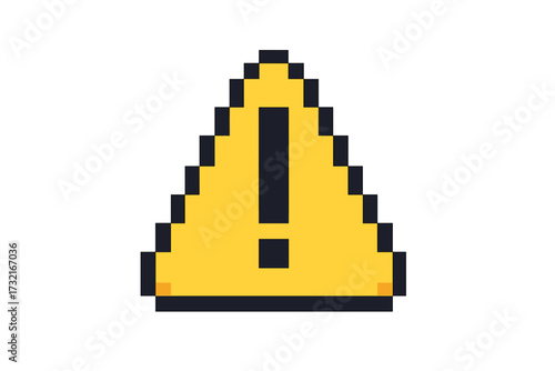 Pixel art warning sign. 8 bit alert icon with exclamation mark. Retro video game style danger symbol. Caution or error vector illustration for interface design. Attention graphic.