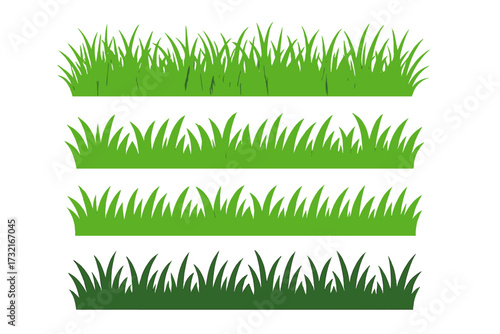 Grass border set with green lawn strips. Collection of realistic, cartoon, flat, and silhouette styles. Vector design element for spring or summer. Isolated field or meadow ground.