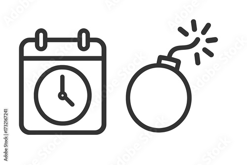 Time bomb icon. Deadline pressure symbol. Calendar clock & explosive. Metaphor for crisis, urgency, stress, and limited time. Project management failure. Financial risk countdown.