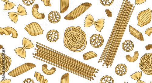 A diverse collection of various pasta shapes and types is displayed.