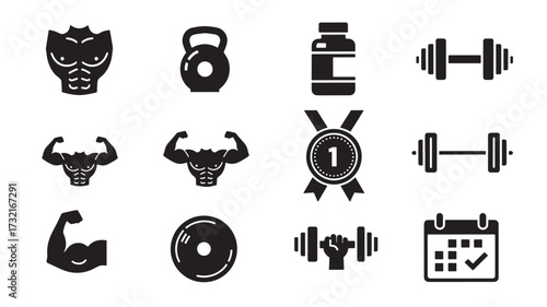 Set of fitness and gym icons vector silhouette design elements for workout and bodybuilding isolated on white background