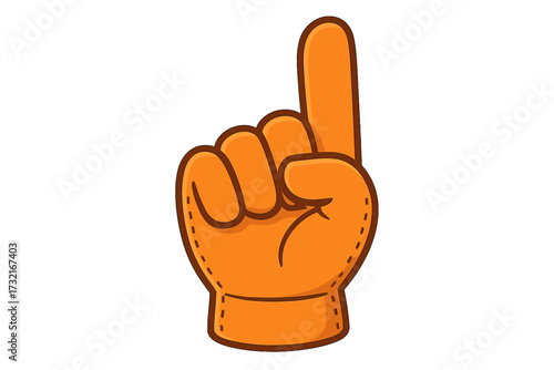 Number 1 fan foam finger. Hand glove for sport support. We are number one. Winner, victory, champion concept. Team spirit accessory for game day. Vector cartoon illustration.