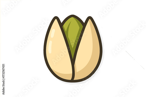 Pistachio nut flat icon with shadow, vector cartoon illustration on white background, detailed green seed, open shell, natural snack, healthy food, organic nut design