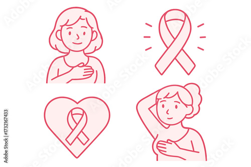 Breast cancer awareness pink ribbon vector illustration set with women performing breast self-exam, heart symbol and transparent background for health campaign design
