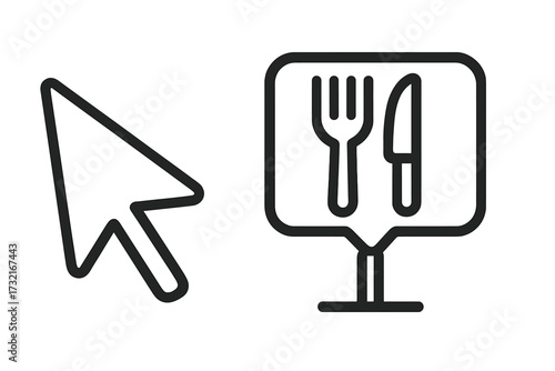 Pointer cursor icon with restaurant sign, fork and knife cutlery symbol, linear vector illustration for online food ordering, dining concept, digital interface icon