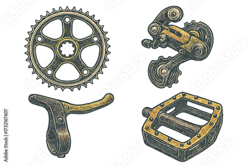 Detailed collection of vintage bicycle components including chainring, derailleur, brake lever, and pedal, showcasing classic cycling mechanics
