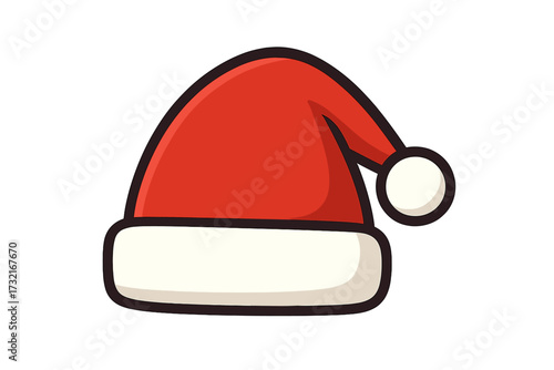 Santa Claus icon with happy face, cartoon style vector illustration, festive Christmas hat with white pompom and trim, holiday cheerful character design, transparent background