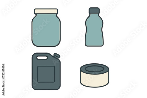 Assortment of everyday storage containers including a glass jar, plastic bottle, jerrycan, and metal can for various contents