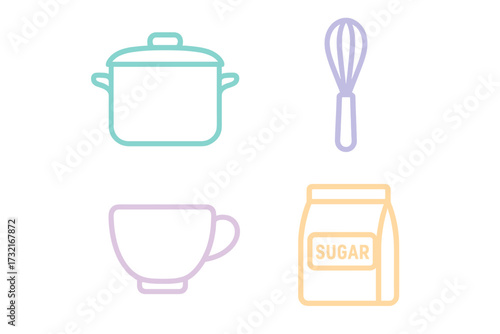 Various kitchen cooking and baking essentials, including a pot, whisk, cup, and sugar bag for culinary themes