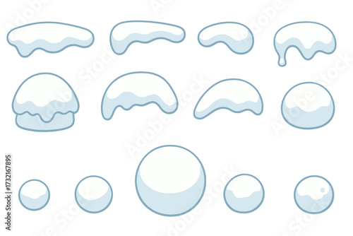 Cartoon snow caps and snowballs collection, winter decoration elements, cute vector set of snow shapes, icy design, transparent background, seasonal winter graphics
