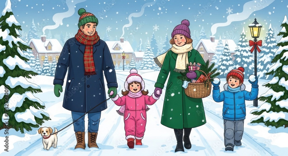 Fototapeta premium Happy family walking in winter with dog in snowy village landscape