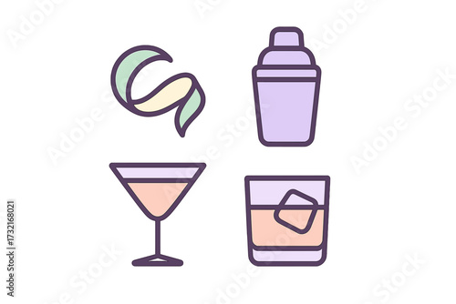 Essential cocktail bar items including a shaker, martini glass, rocks glass, and citrus peel garnish
