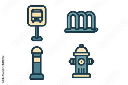 Essential public transportation, cycling, safety, and emergency street objects for urban design and infrastructure