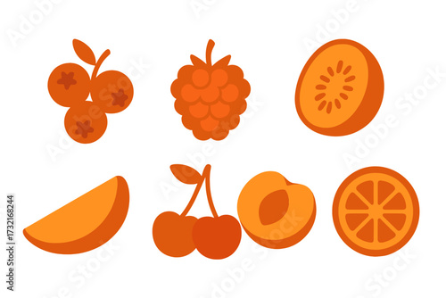 Bright collection of various orange and red fruits and berries such as blueberries raspberries kiwi peach cherries orange