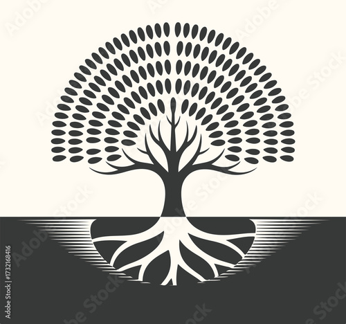 Vector art of stylized illustration of a tree with visible roots, symbolizing growth, nature, and life, set against a neutral background