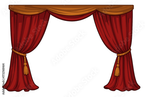 Realistic Theatre Curtains Border Vector Illustration, Red Stage Drapes with Gold Tassels, Elegant Stage Decoration, Classic Curtain Frame Transparent Background, Theatre Design Elements
