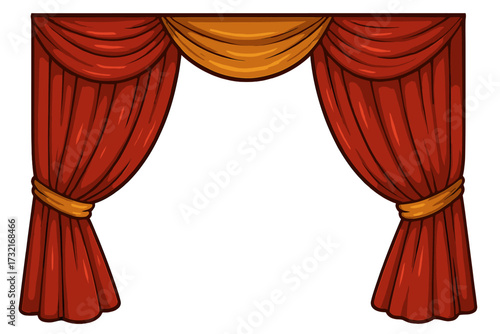Realistic theatre curtains border vector illustration, classic red stage drapes with golden tiebacks, theatrical stage decor, transparent background design, elegant performance frame