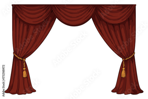 Realistic Theatre Curtains Border Red Drapes with Golden Tiebacks Vector Cartoon Illustration Transparent Background Decorative Stage Frame Design