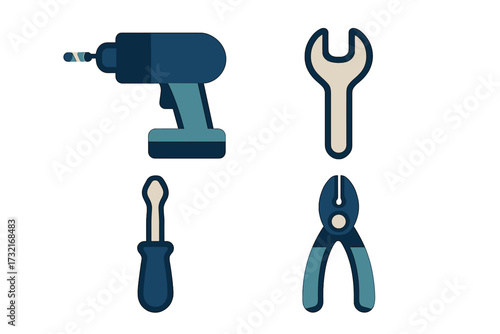 Essential collection of construction and repair tools featuring a power drill, adjustable wrench, flathead screwdriver, and sturdy pliers