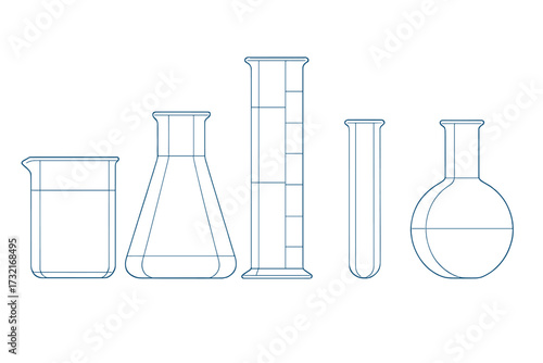 Scientific laboratory glassware with beakers, flasks, graduated cylinder, and test tubes for chemistry and research