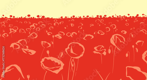 Stylized field of poppies in red hues against a cream-colored sky