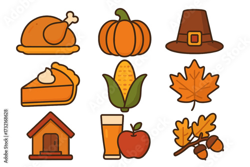 Thanksgiving icons set, flat style vector cartoon illustrations, turkey, pumpkin, pilgrim hat, pumpkin pie, corn, maple leaf, autumn house, beer and apple, oak leaves and acorns, fall holiday symbols