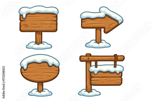 Wooden signboard set with snow. Snow-covered wooden signposts in cartoon style. Rustic wood boards with snow caps. Winter direction signs collection. Seasonal snowy outdoor rustic signs.