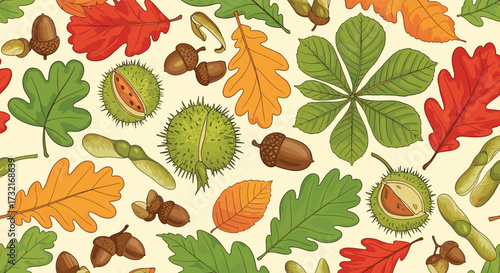 A vibrant seamless pattern of assorted autumnal leaves acorns and horse chestnuts scattered across a cream background.