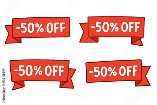 Fifty percent off red banner collection. Flat promotion ribbon tags. Vector cartoon for discount, sale. Price label sticker set. Special offer graphic element design.