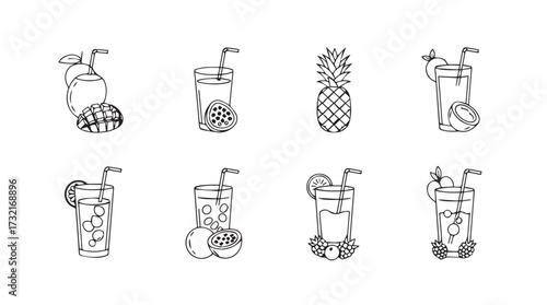 Hand drawn cocktail set refreshing summer drinks tropical fruits and garnishes elegant sketch collection vector