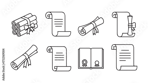 Hand drawn scroll icons representing documents certificates contracts and awards vintage style vector
