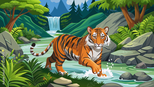 Amur tiger walking in river water, danger animal in tajga Russia, powerful Siberian tiger splash water near grey stone, wild cat in green forest stream, river droplet, tiger wildlife scene, nature.