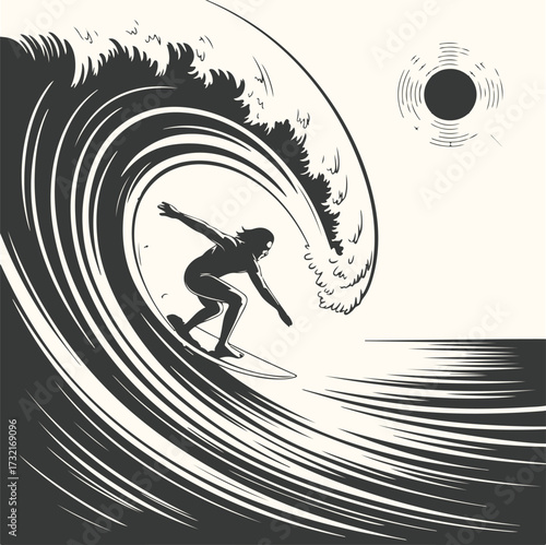 Vector art of silhouette of a surfer riding a large, powerful wave, captured in a dynamic, stylized illustration with a vintage, retro aesthetic, evoking adventure and the thrill of the ocean