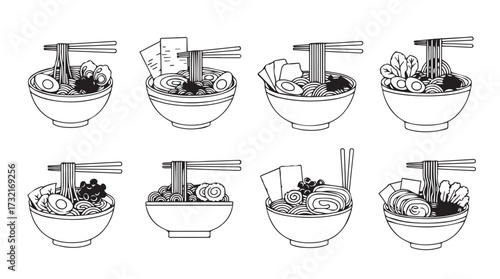 Eight unique bowls of delicious asian ramen noodle soup hand drawn style line art vector